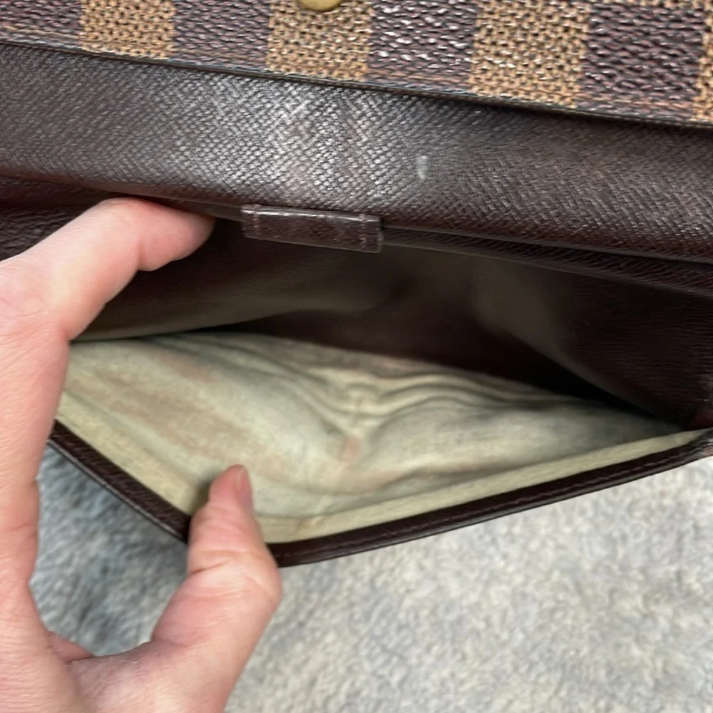 Louis Vuitton Sarah Wallet In Ebene Damier Canvas and Brown Leather Trifold